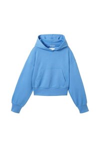 Sudadera azul recortada hecha de una tela suave, con un bolsillo frontal y capucha con cordón. Presenta mangas anchas y un dobladillo acanalado.