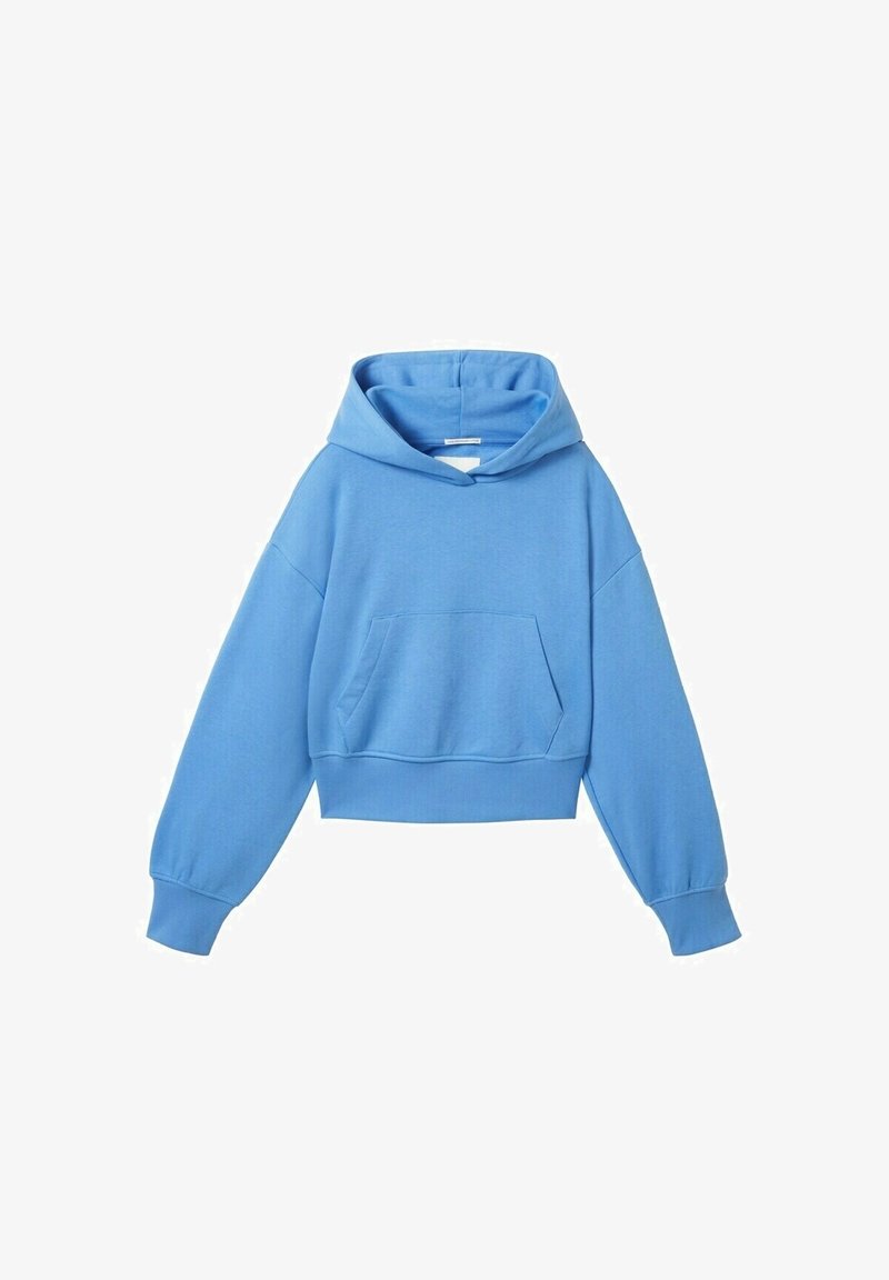 Sudadera azul recortada hecha de una tela suave, con un bolsillo frontal y capucha con cordón. Presenta mangas anchas y un dobladillo acanalado.