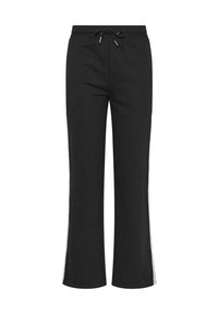 Schwarze Sweatpants mit einem Kordelzugbund, weitem Bein und kontrastierenden seitlichen Streifen in Weiß. Hergestellt aus weichem, glattem Stoff.