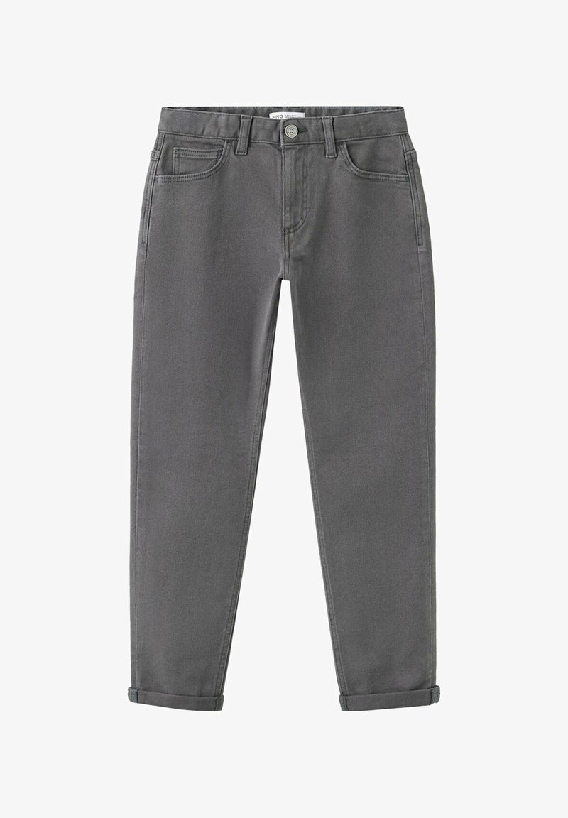 Jean en denim gris avec poches devant, fermeture par boutons, passants de ceinture et ourlets retroussés, posé à plat sur un fond blanc.