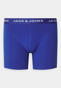 Boxers en coton bleu avec une coupe ajustée, dotés d'une ceinture élastique blanche portant l'inscription "JACK & JONES" et d'une construction lisse et sans coutures.