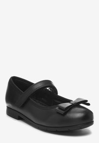 Chaussure de ballet en cuir noir avec un bout arrondi, une bride Mary Jane et un nœud décoratif à l'avant. Texture lisse et semelle plate.