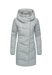 Grå polstret frakker med hætte, diagonalt quiltet design og sidelommer. Blød tekstur med en glat lynlåslukning.