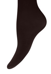 Svart, ogenomskinlig strumpa som går upp till låret med en slät textur och en rund tå som formar sig efter fotens kontur.