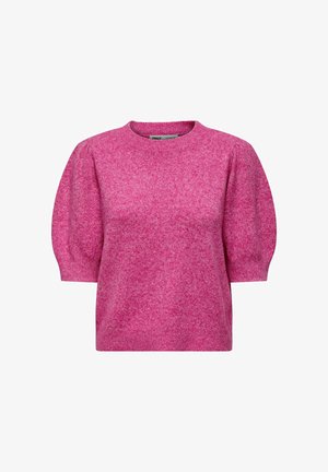 Maglioncino rosa a maniche corte con maniche a sbuffo, scollo tondo e orlo e polsini a coste, realizzato in morbido tessuto a maglia.