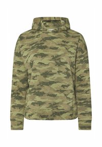 Felpa con cappuccio in camo verde oliva, realizzata in tessuto morbido. Presenta maniche lunghe, polsini a costine e una vestibilità rilassata senza branding visibile.
