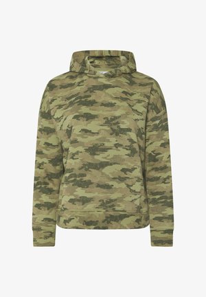 Hættebluse i oliven grøn camouflage mønster, lavet af blødt stof. Har lange ærmer, ribbede manchetter og en afslappet pasform uden synligt branding.