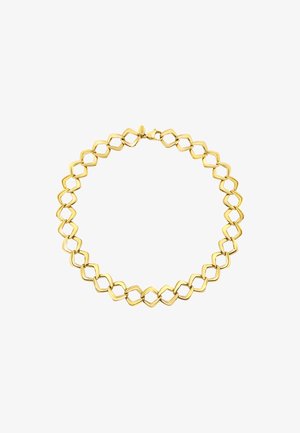 Goudkleurige metalen choker met in elkaar grijpende diamantvormige schakels, voorzien van een gladde afwerking en een veilige sluiting.