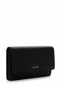 Black leather wallet with a textured finish, featuring a flap closure and a silver logo accent. Compact rectangular shape with multiple compartments.