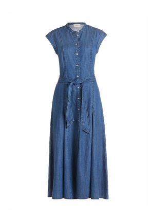 Blaues ärmelloses Jeans-Midikleid mit durchgehender Knopfleiste, rundem Ausschnitt und passendem Taillengürtel.