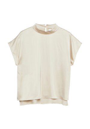 Kremowa satynowa bluzka z krótkim rękawem, wysokim kołnierzem i zapięciem na guziki z tyłu, luźnym krojem i lekko warstwowym dołem.