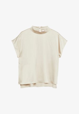 Kremowa satynowa bluzka z krótkim rękawem, wysokim kołnierzem i zapięciem na guziki z tyłu, luźnym krojem i lekko warstwowym dołem.