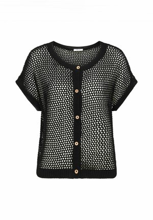 Black short-sleeve open-knit cardigan with round neckline and front brown buttons, designed for layering over other clothing.