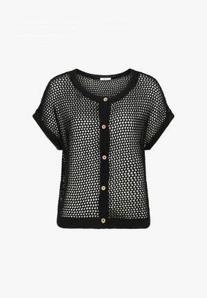 Zwarte korte mouw opengebreide cardigan met ronde halslijn en bruine knopen aan de voorkant, ontworpen om over andere kledinglagen te dragen.
