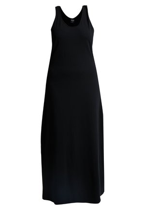 Svart, ermeløs maxikjole med tettsittende liv og flytende skjørt. Laget av glatt stoff, med rund halsringning og gulvlengde.