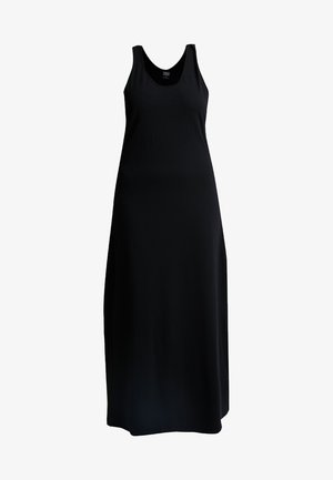 Svart, ermeløs maxikjole med tettsittende liv og flytende skjørt. Laget av glatt stoff, med rund halsringning og gulvlengde.