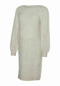 Robe en tricot gris clair avec une coupe décontractée, de longues manches bouffantes, un col rond et des poignets côtelés. Texture lisse avec de subtiles variations de couleur.
