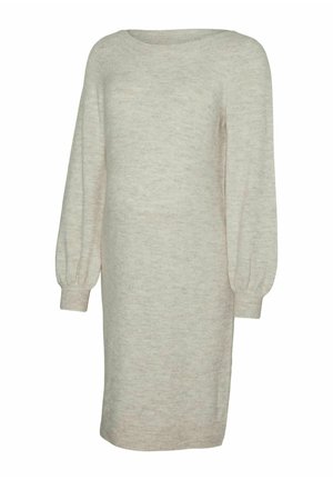 Light grey knit dress with a relaxed fit, long puff sleeves, rounded neckline, and ribbed cuffs. Smooth texture with subtle color variations.