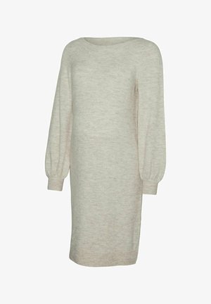 Lys grå strikkjole med en afslappet pasform, lange pufærmer, rund halsudskæring og ribbede manchetter. Glat tekstur med subtile farvevariationer.