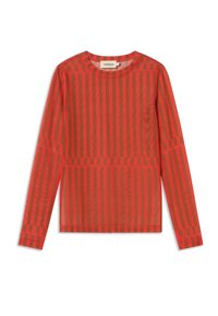 Rode long sleeve shirt in een doorschijnend, gestreept ontwerp, met horizontale en verticale patronen, een ronde halslijn en aansluitende mouwen.