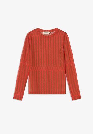Red long-sleeve shirt in a sheer, striped design, featuring horizontal and vertical patterns, round neckline, and fitted sleeves.