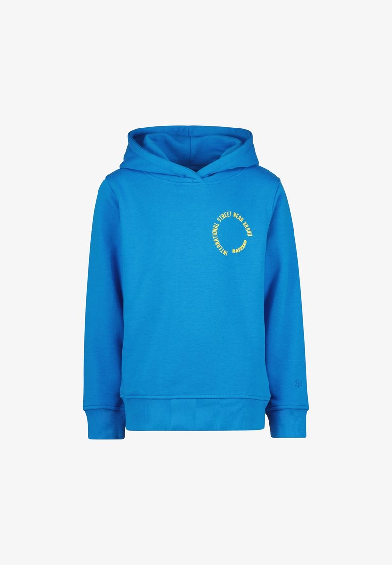 Sudadera con capucha azul hecha de tela suave. Presenta un logo redondo amarillo en el pecho y puños acanalados en las mangas y el dobladillo.