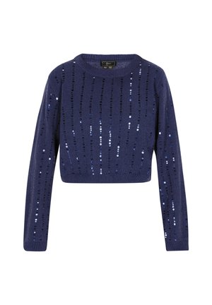 Maglione blu navy corto con maniche lunghe, caratterizzato da righe verticali di paillettes per una maggiore texture. Tessuto lavorato a maglia con bordo e polsini a coste.