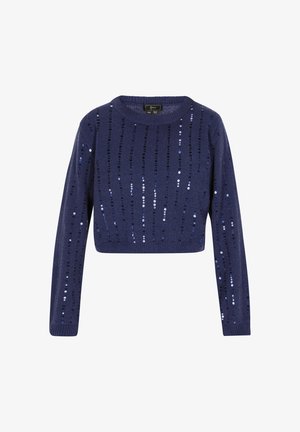 Marineblauer, kurz geschnittener Pullover mit langen Ärmeln, der vertikale Reihen von Pailletten für Textur aufweist. Strickstoff mit geripptem Saum und Bündchen.