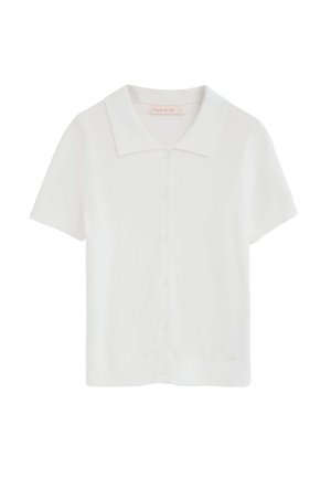 Biały krótki kardigan na guziki z płaskim kołnierzem i małymi przednimi kieszeniami, oznaczony jako "Polo Club" w rozmiarze małym.