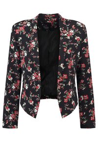 Blazer noir à fleurs avec un motif vibrant de fleurs rouges et blanches. Confectionné dans un tissu lisse, il présente un col à revers et une coupe ouverte à l'avant.