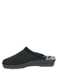 Zwarte suède klomp met een gestructureerde zwarte rubberen zool. Interieur is voorzien van een gestippelde voering. Rugloze ontwerp voor eenvoudig aan- en uittrekken.