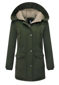 Groene waterdichte parka met een beige geïsoleerde voering, verstelbare capuchon, ritssluiting aan de voorkant en twee grote voorzakken met drukknoopsluiting.