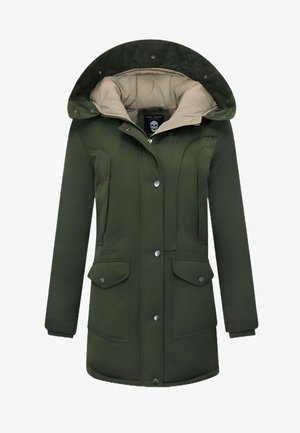 Groene waterdichte parka met een beige geïsoleerde voering, verstelbare capuchon, ritssluiting aan de voorkant en twee grote voorzakken met drukknoopsluiting.