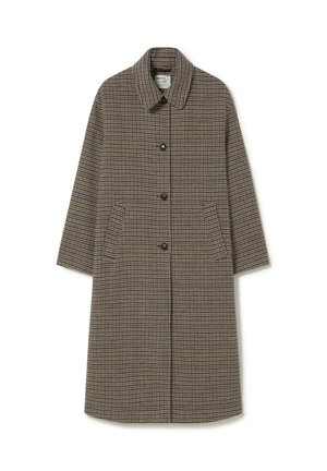 Abrigo marrón de pata de gallo con cuello, cierre de botones y dos bolsillos laterales; presenta un ajuste relajado y un diseño de longitud media.