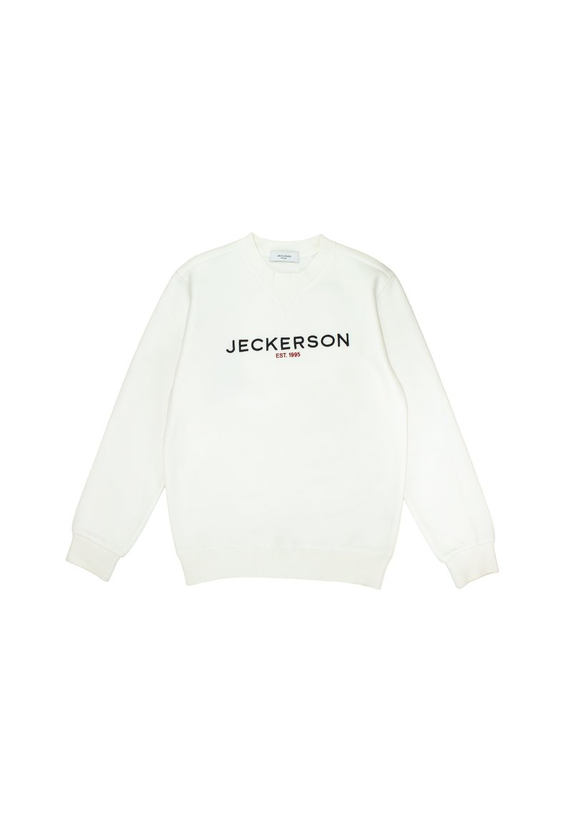 White sweatshirt featuring black typography: "JECKERSON EST. 1995." Round neck, ribbed cuffs, and waistband, made of soft fabric.