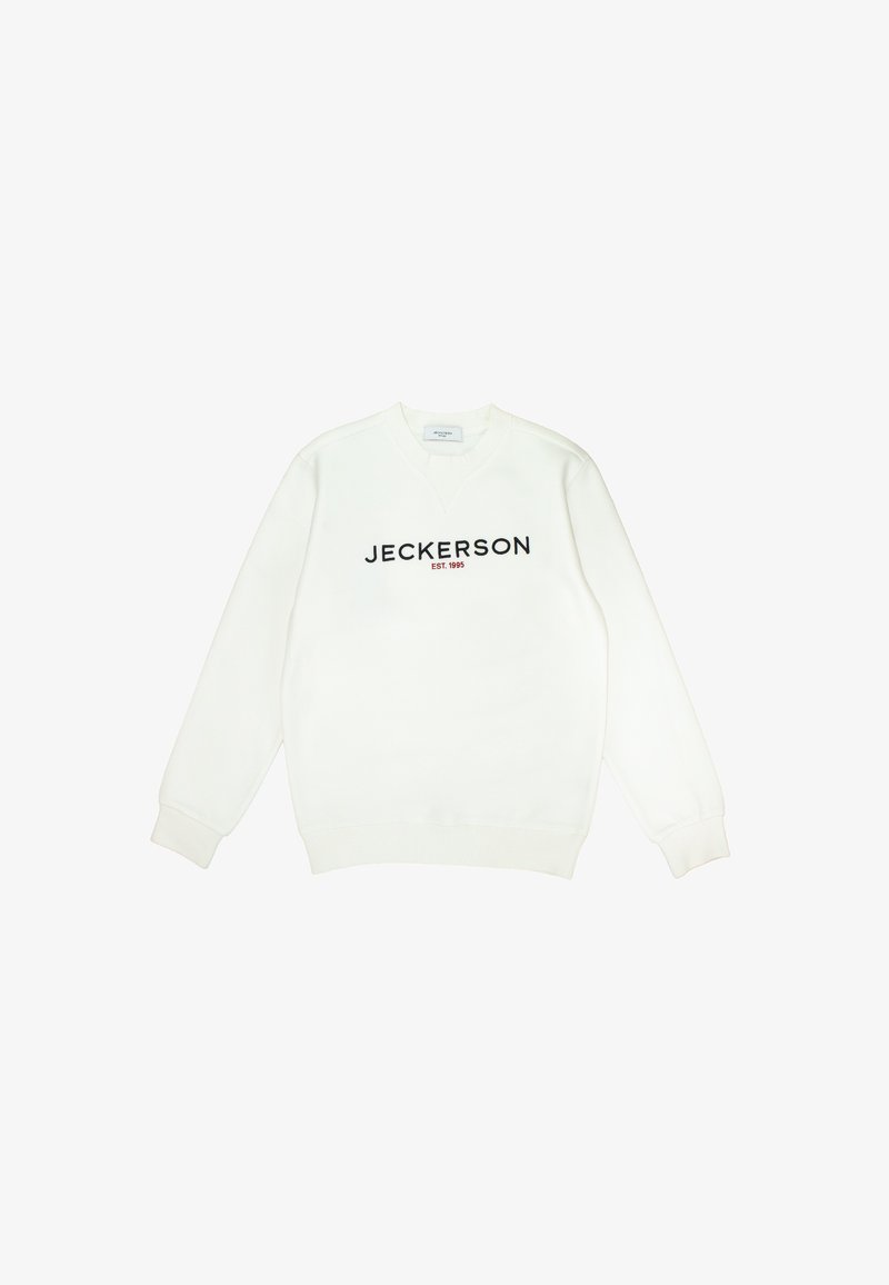 White sweatshirt featuring black typography: "JECKERSON EST. 1995." Round neck, ribbed cuffs, and waistband, made of soft fabric.