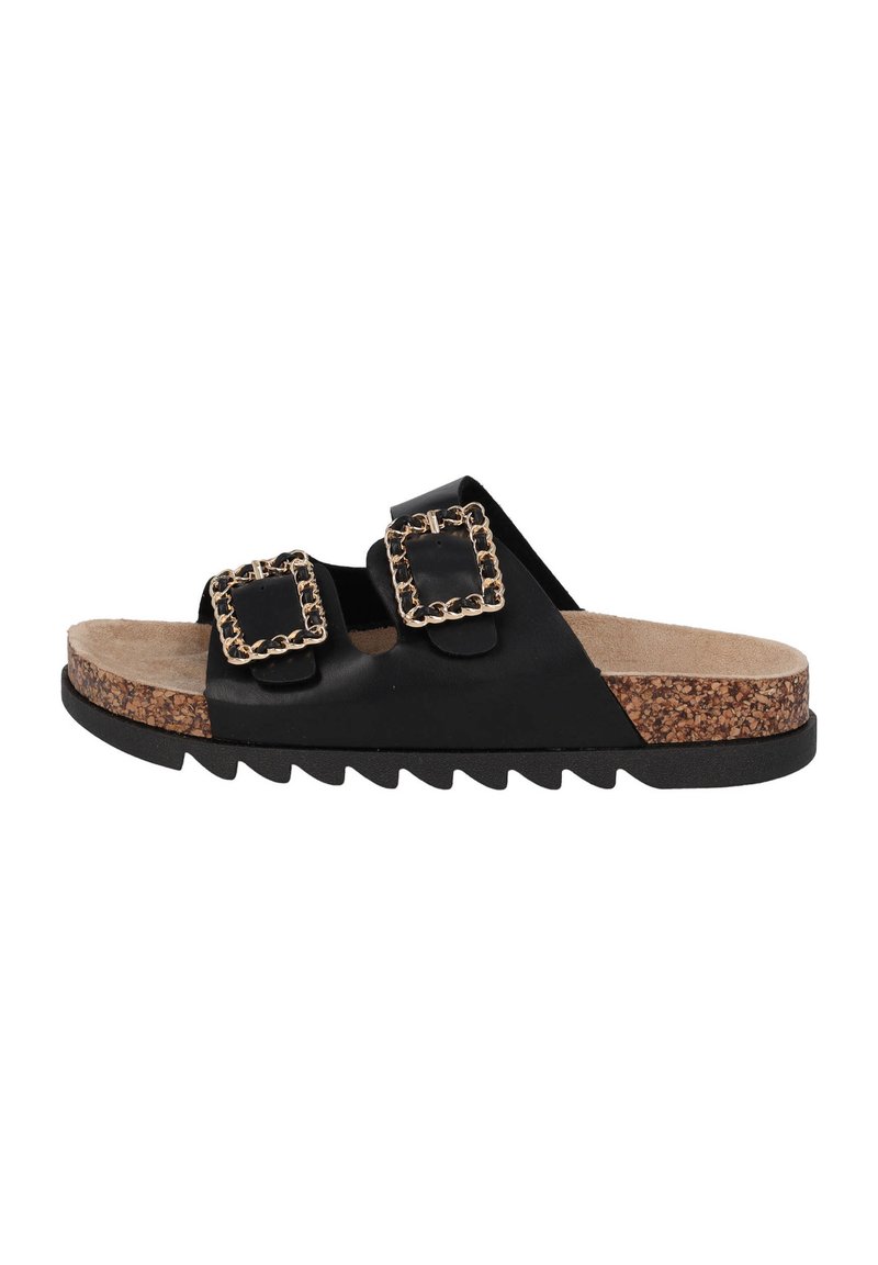 Zwarte schuifsandalen met twee overmaatse gouden accent kettinggespen, kurken voetbed en zwart rubberen zool met zaagtanden.