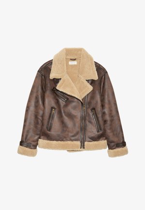 Brown leather jacket with beige shearling collar and lining, featuring diagonal zippers and stitched accents on cuffs and hem.
