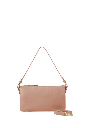 Rosa Leder-Umhängetasche in rechteckiger Form, mit Reißverschluss, abnehmbarem Tragegurt und goldfarbenen Hardware-Akzenten. Glatte, matte Textur.