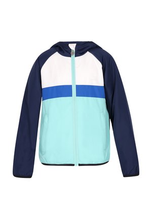 Kapuzensweatshirt mit marineblauen Ärmeln, weißem oberen Brustbereich, blauem horizontalem Streifen und hellblauem unteren Bereich, mit Frontreißverschluss und Taschen.