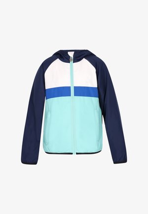 Kapuzensweatshirt mit marineblauen Ärmeln, weißem oberen Brustbereich, blauem horizontalem Streifen und hellblauem unteren Bereich, mit Frontreißverschluss und Taschen.