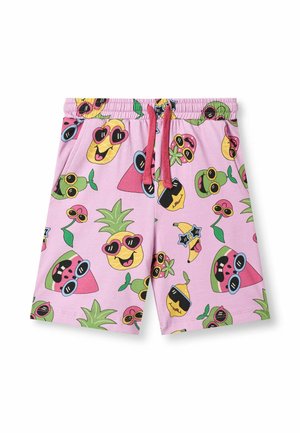 Roza kratke hlače z elastičnim pasom in rdečo vrvico, s tiskom nasmejanih risanih sadnih likov v sončnih očalih, vključno z ananasi, lubenicami in bananami.