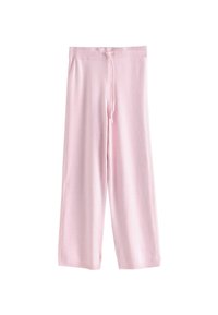 Culottes din bumbac roz deschis, cu un tiv striat și șnur, având o croială lejeră și fără modele sau accesorii vizibile.