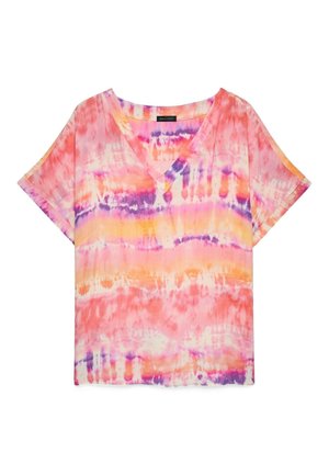 Dames blouse met korte mouwen en V-hals met roze, oranje en paarse tie-dye print op een lichtgewicht stof.