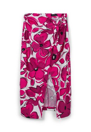 Gonna avvolgente floreale realizzata in tessuto leggero, con grandi fiori rosa e neri su uno sfondo bianco, dotata di vita legata e spacco laterale.