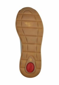 Suola in gomma con un motivo a battistrada, caratterizzata da un inserto circolare rosso centrale etichettato "Comfort" e un dettaglio di branding dorato. La combinazione di colori è prevalentemente beige.