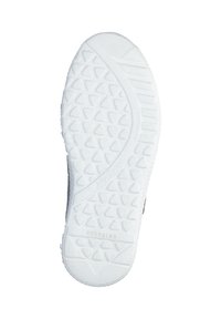 Weiße Gummisohlen mit einem strukturierten Muster aus dreieckigen Noppen, beschriftet mit "RECYCLED", mit einem gebogenen Design entlang des Randes.