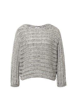 Gray, knitted sweater with a loose fit, wide neckline, and long sleeves featuring horizontal stripes and an open weave texture.