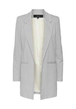 Ljusgrå blazer med en skräddarsydd design, kavajkrage och två framfickor. Insidan har en randig vit foder.