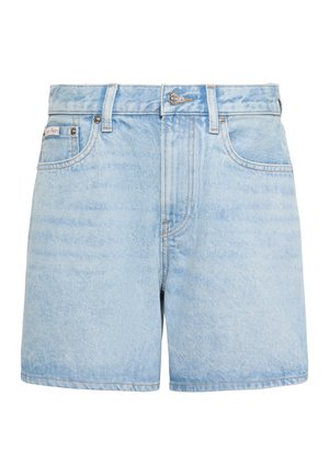 Short en jean bleu clair avec bouton à l'avant, passants de ceinture, poches avant et détails subtils d'effilochage.